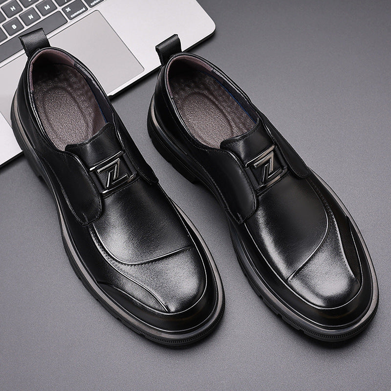 Men's Layer Cowhide Business Commuter Platform Slip-on Leather Shoes