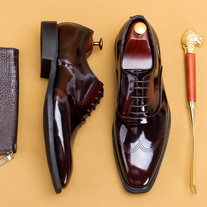 Men's Glossy Patent British Style Carving Business Leather Shoes
