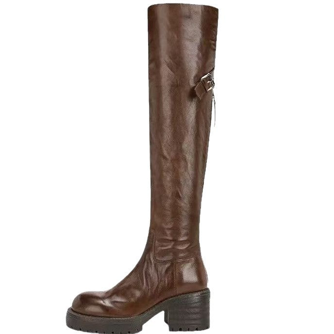 Combat Round Toe Pleated Chunky Thigh High Boots