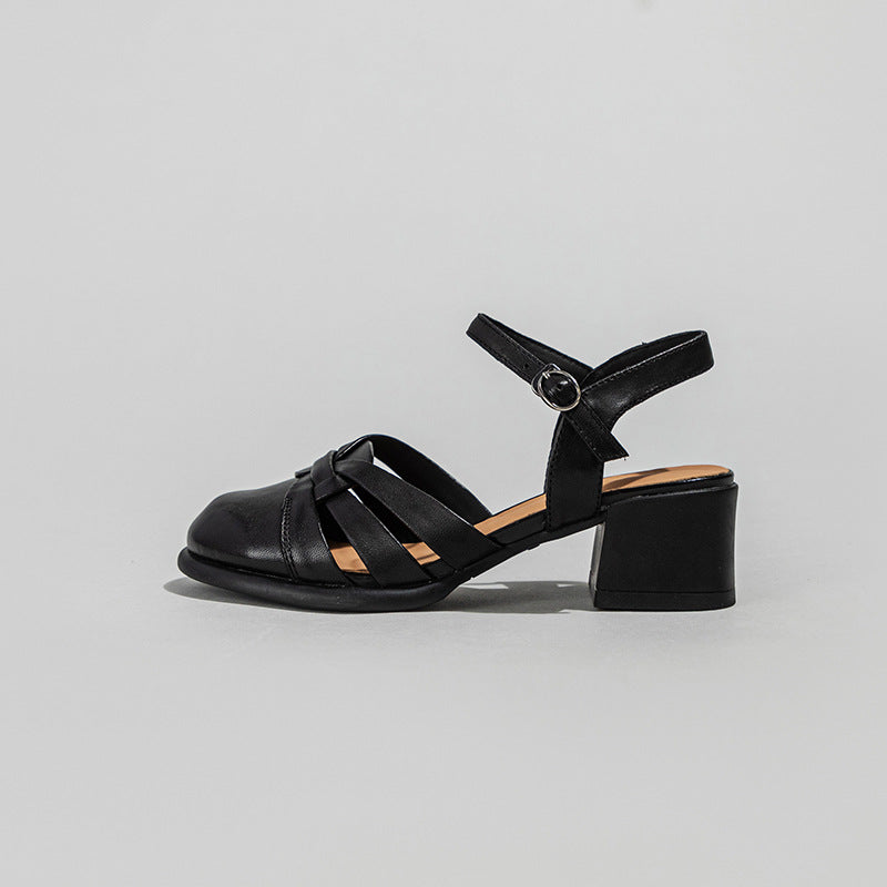 Women's Mid Weaving Hollow Closed Toe Mom Sandals