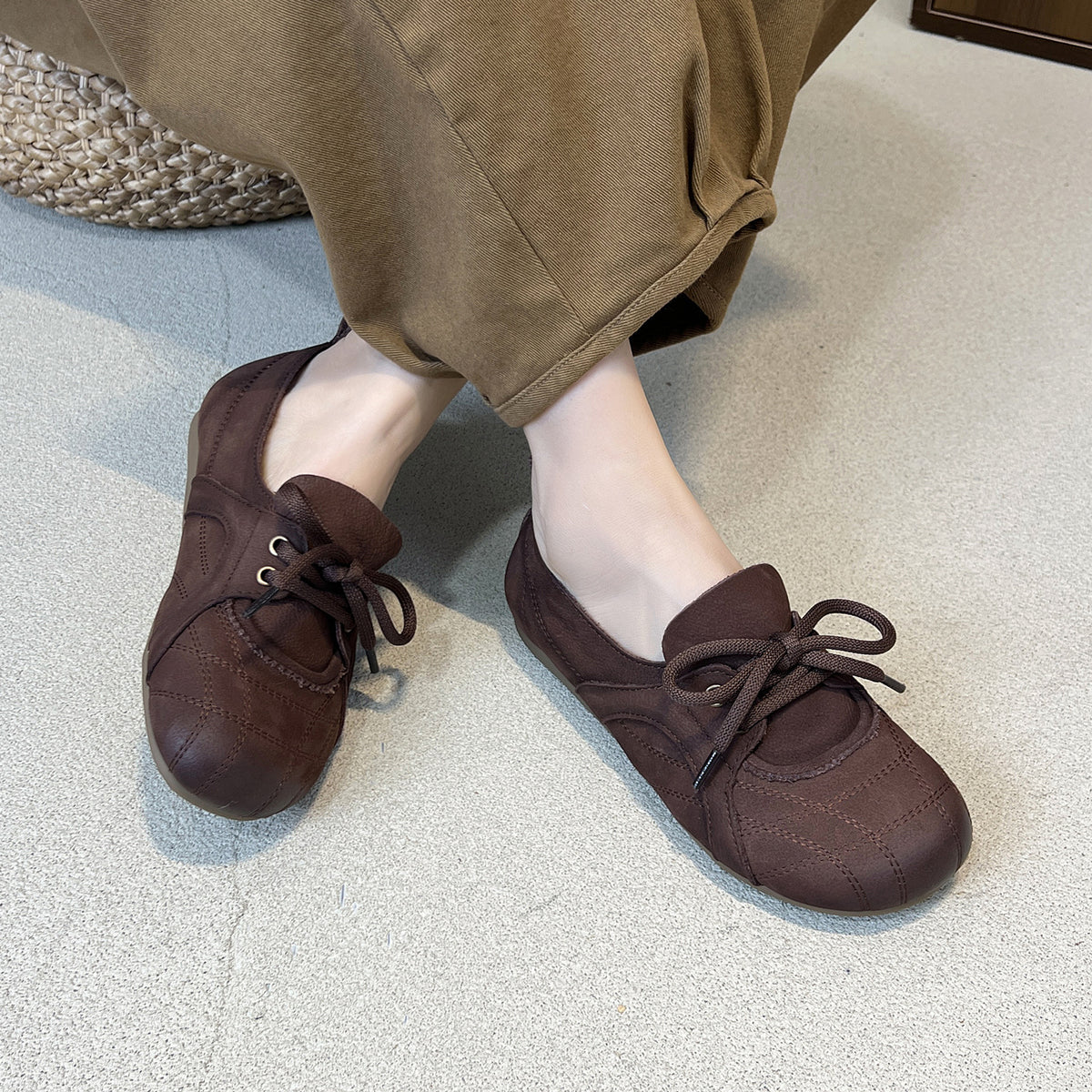 Women's Cowhide Flat Deep Mouth Pumps Spring Round Head Soft Bottom Casual Shoes