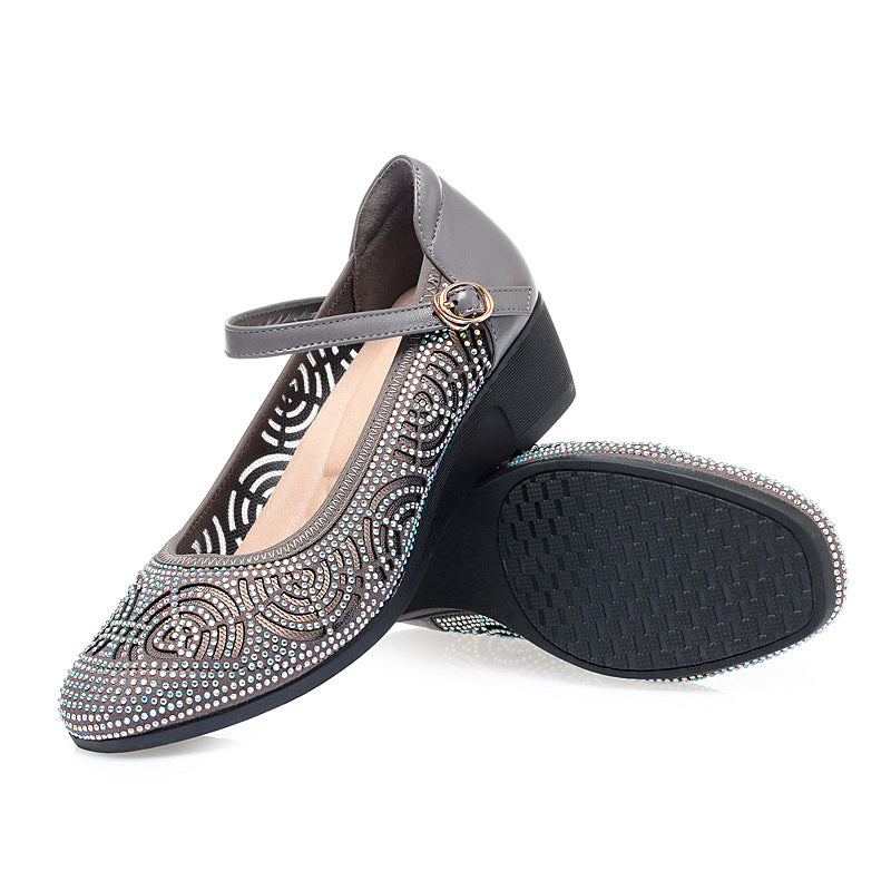 Women's Flat Middle Wedge Genuine Pumps Hollow Sandals
