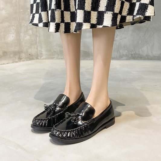 Women's British Patent Tassel Woven Round Toe Pumps Leather Shoes