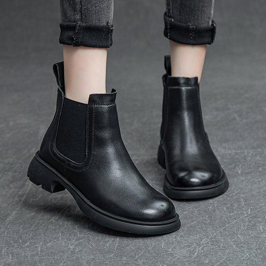 Women's Cowhide Martin Genuine Flat Booties Slimming Boots