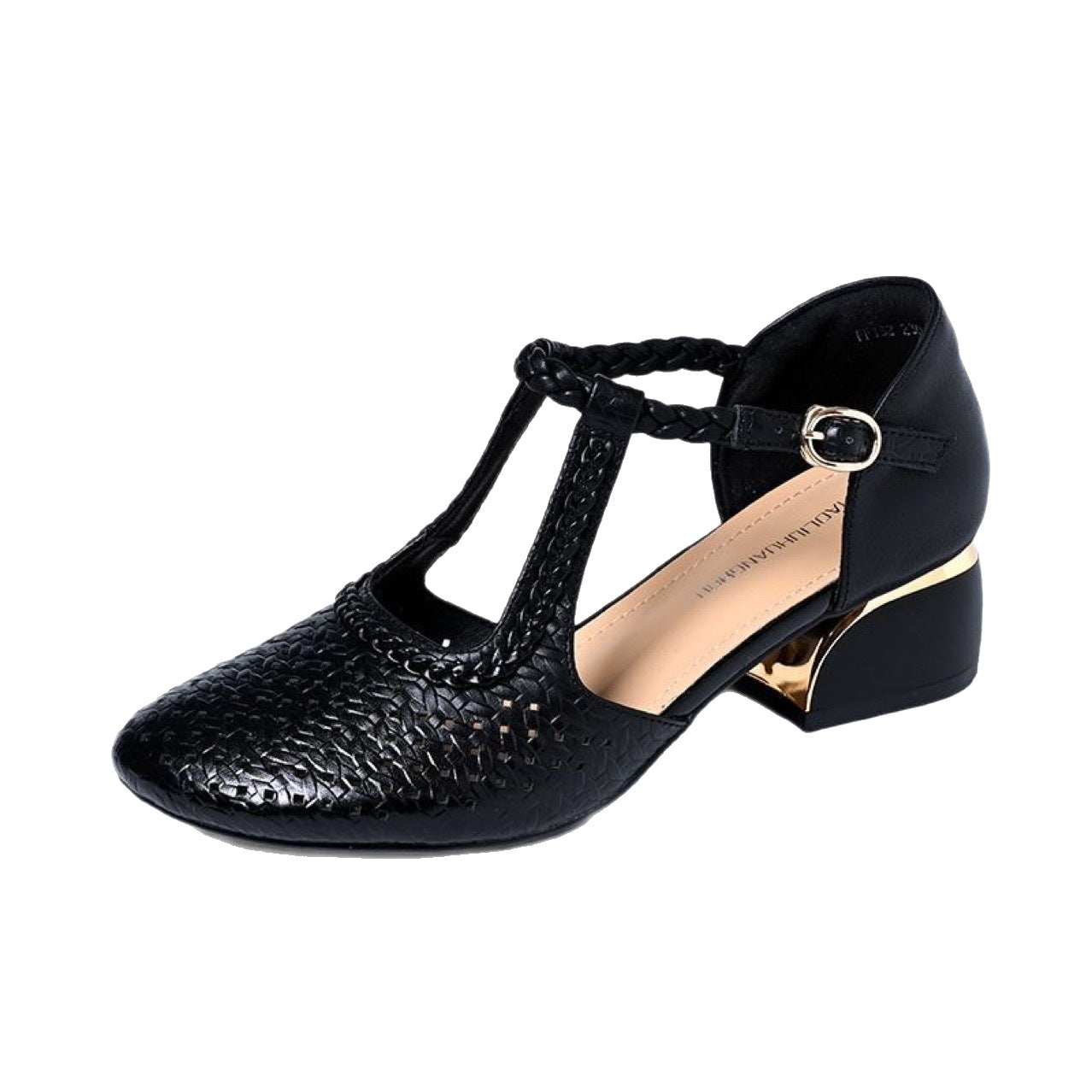 Summer Weaving Hollow Round Toe Low-cut Chunky Soft Bottom Heels