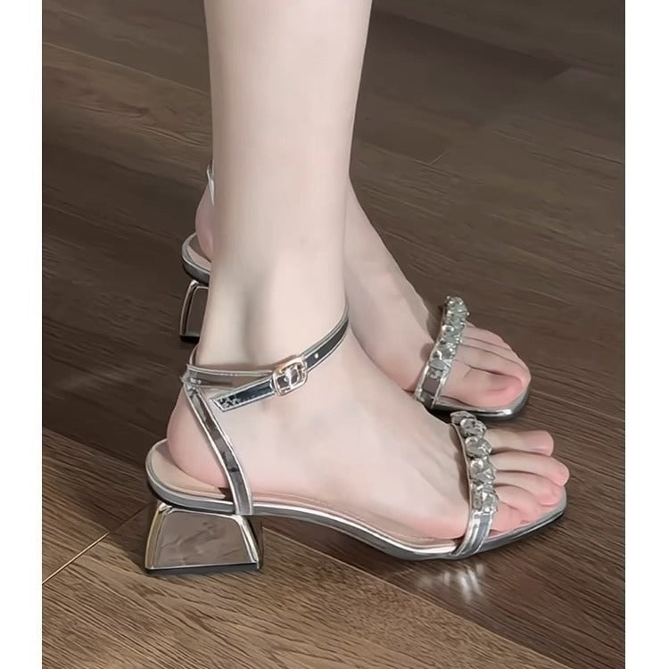 Women's Sier Sparkling Rhinestone For Summer With Heels