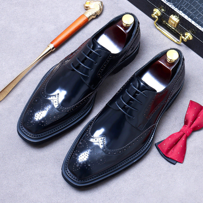 Men's Formal Wear Cowhide Platform Handmade Derby Glossy Breathable Leather Shoes
