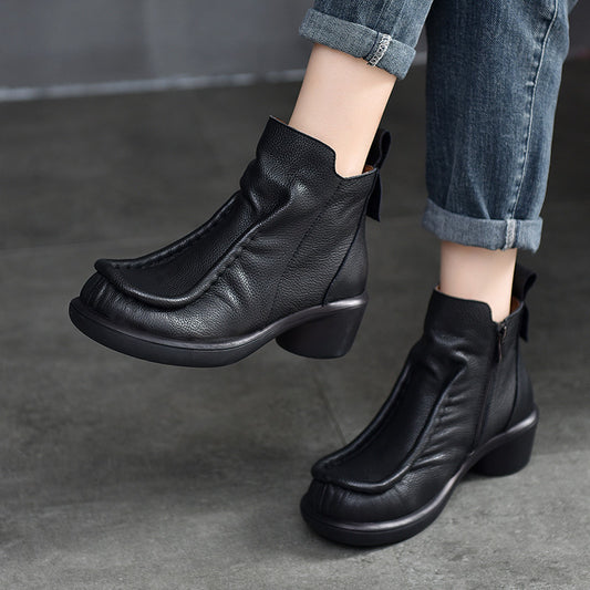 Women's Promotion Price Ladies Genuine Retro Chunky Leather Shoes