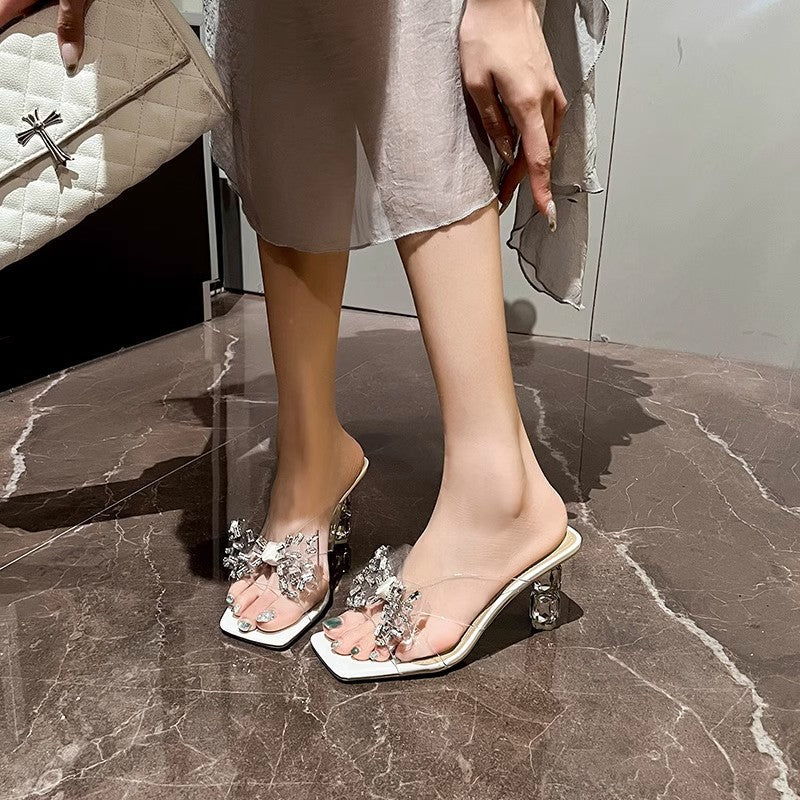 Women's Rhinestone Bow High With Skirt Chunky Heels