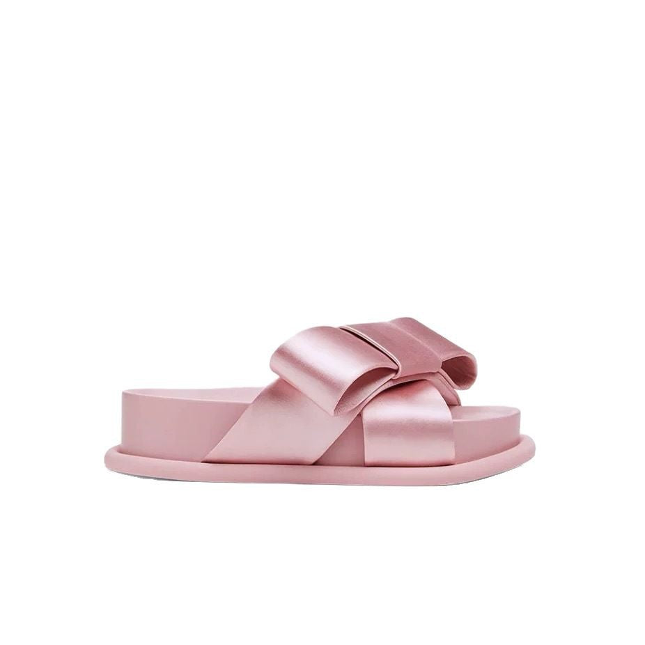 Women's French Style Big Bow Platform Outer Wear Slippers