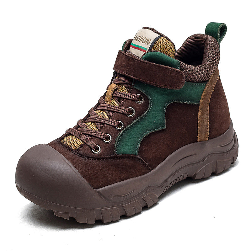 Women's Color Round Head Thick Bottom Pigskin Casual Shoes