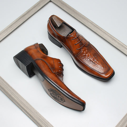 Men's Layer Cowhide Gentleman Fashion Warped Head Crocodile Leather Shoes