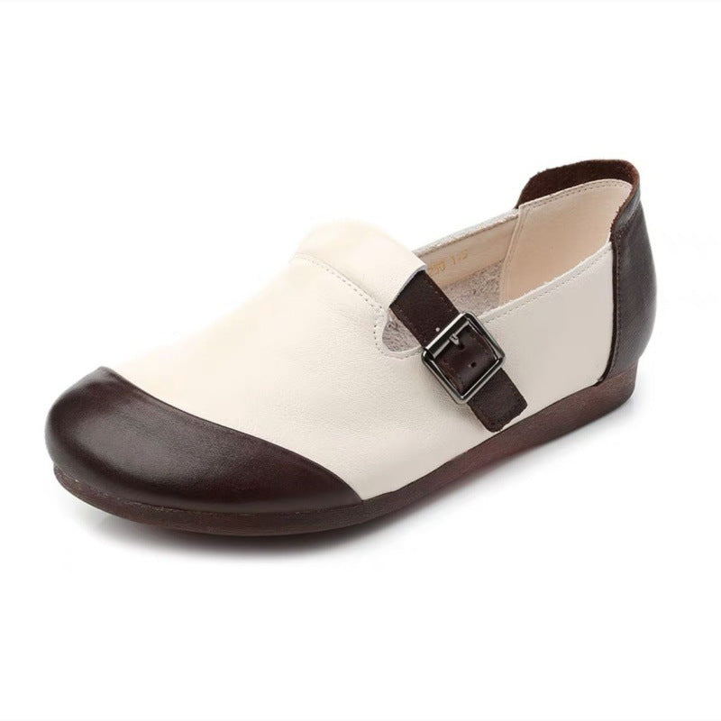 Women's Simple Big Head Flat Buckle Bottom Leather Shoes