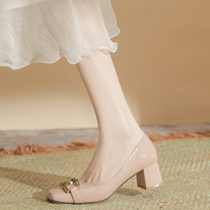 Women's Pink Patent Chunky High Cute Metal Buckle Shallow Mouth Elegant Women's Shoes