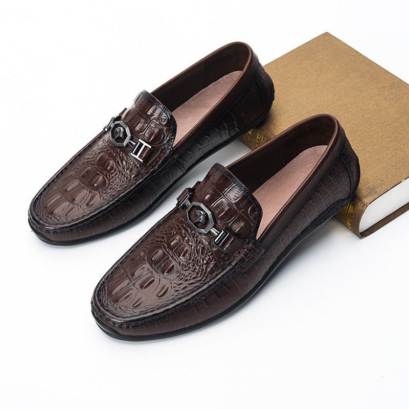 Men's Genuine Brown Flat Embossed Slip-on Comfort Casual Shoes