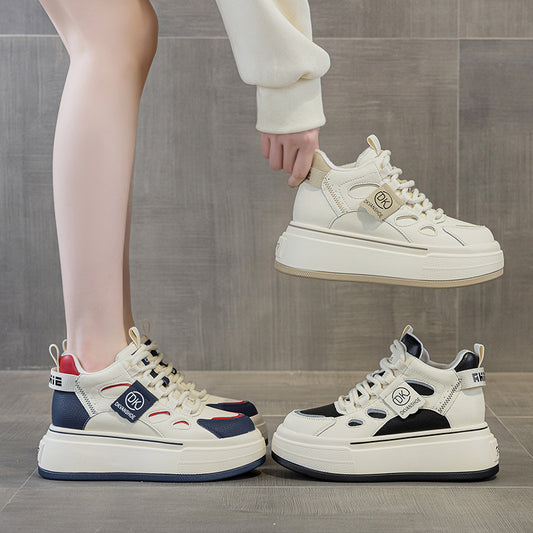 Women's Thick-soled Sports Dad Genuine Elevator White Sneakers
