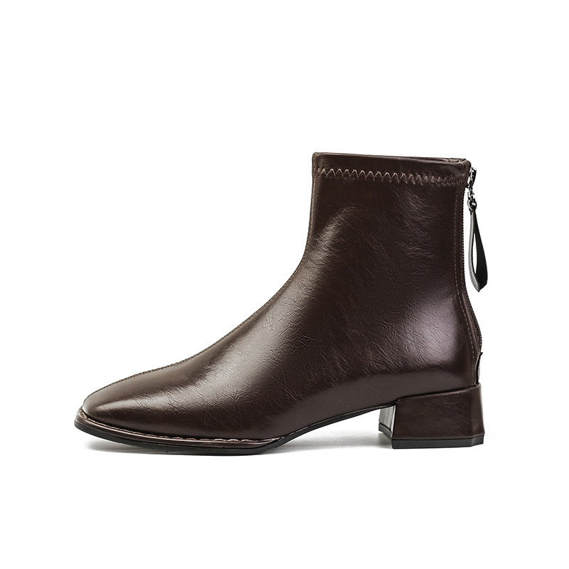 Women's Toe Chunky Short Back Zipper Skinny Boots