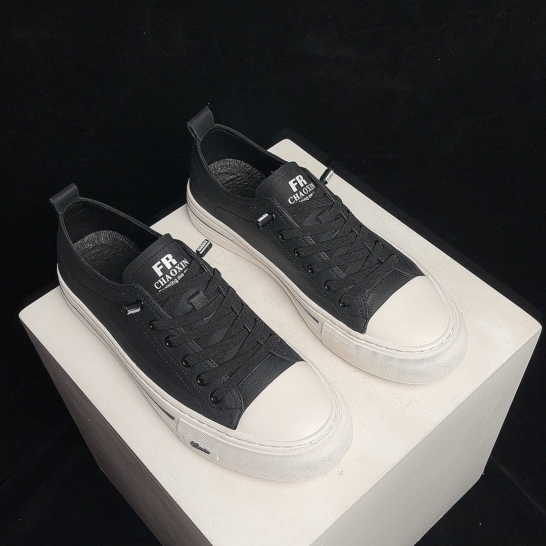 Men's Boys White Top Layer Cowhide Board Flat Sneakers