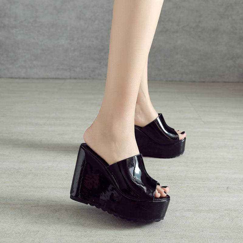 Women's Wedge Thick-soled Pink Patent Platform High Sandals