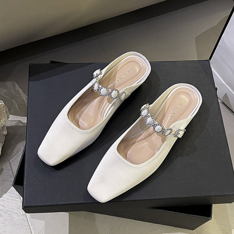 Women's Toe Low-cut Half Chunky Low Word Diamond Band Heels