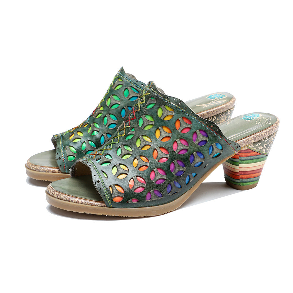 Handmade Genuine Brushed Retro Colorful Hollow Sandals