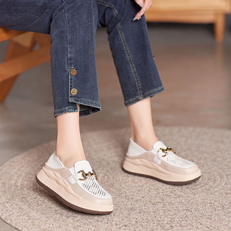 Women's Genuine Platform Pumps Hollow Breathable Summer Loafers