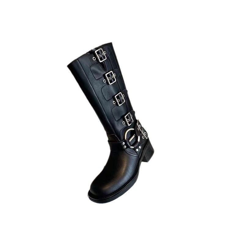 Women's Round Toe Belt Buckle Chunky Western Boots