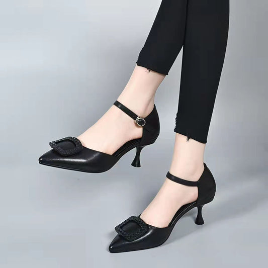 Women's Closed Toe Buckle Low Summer Genuine Heels