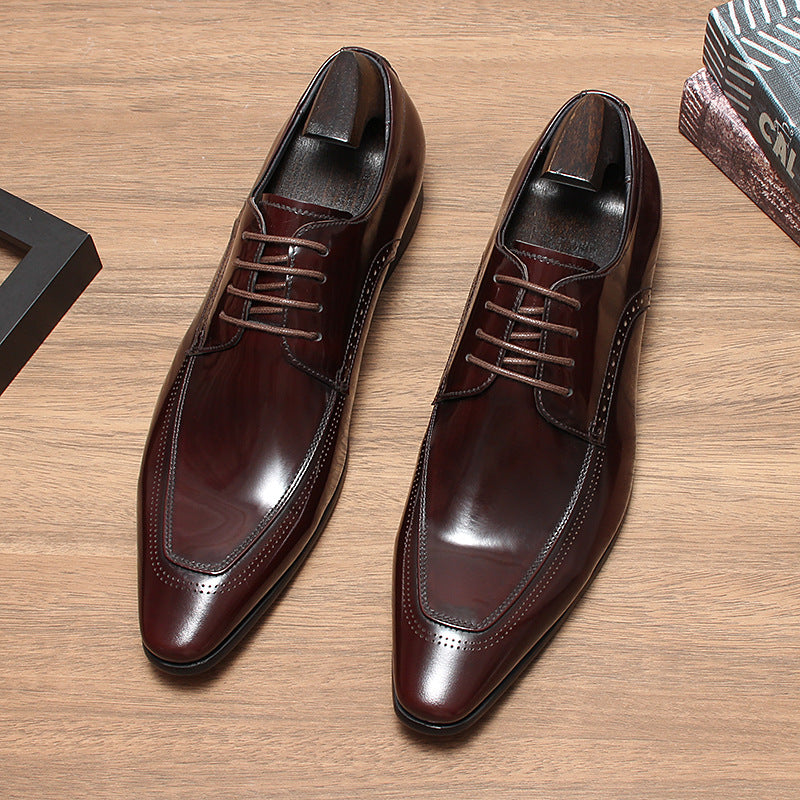Men's Autumn British Style Pointed Genuine Glitter Tied Derby Formal Men's Business Leather Shoes