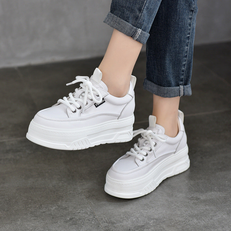 Women's & Men's Layer Cowhide Platform White Height Increasing Casual Shoes