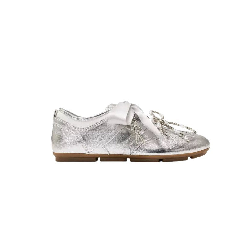 Women's Retro Ballet Training Pearl Bow Lace Up Women's Sports Shoes