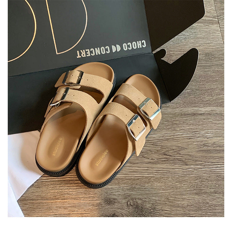 Women's Holiday Vintage Genuine Platform Double Buckle With Slippers