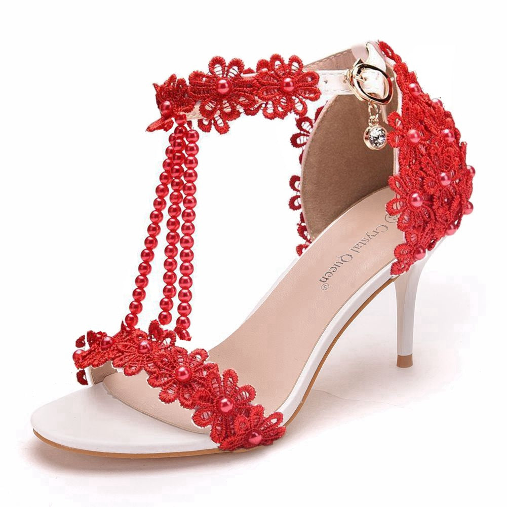 Strap Stiletto Beaded White Lace Flower Heels