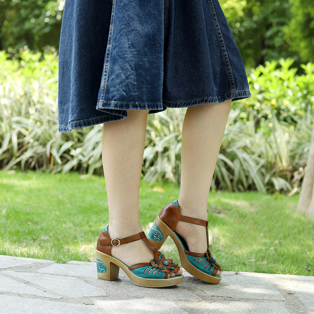 Genuine Hand-rub Color Retro Three-dimensional Flower Heels