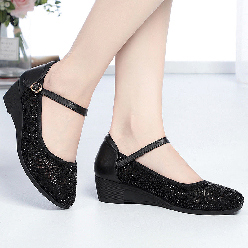 Women's Flat Middle Wedge Genuine Pumps Hollow Sandals