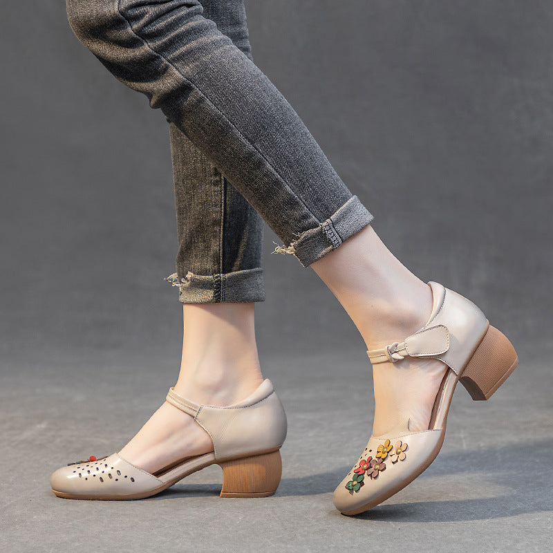 Women's Thick Mid Round Toe Brushed Hollow Heels