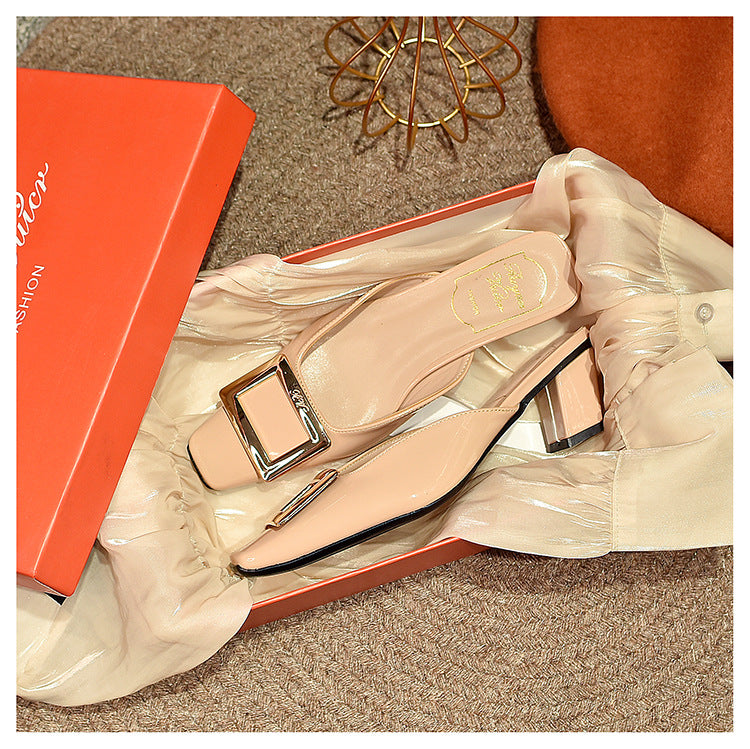 Women's Toe Half Thick Flat Pumps Metal Heels
