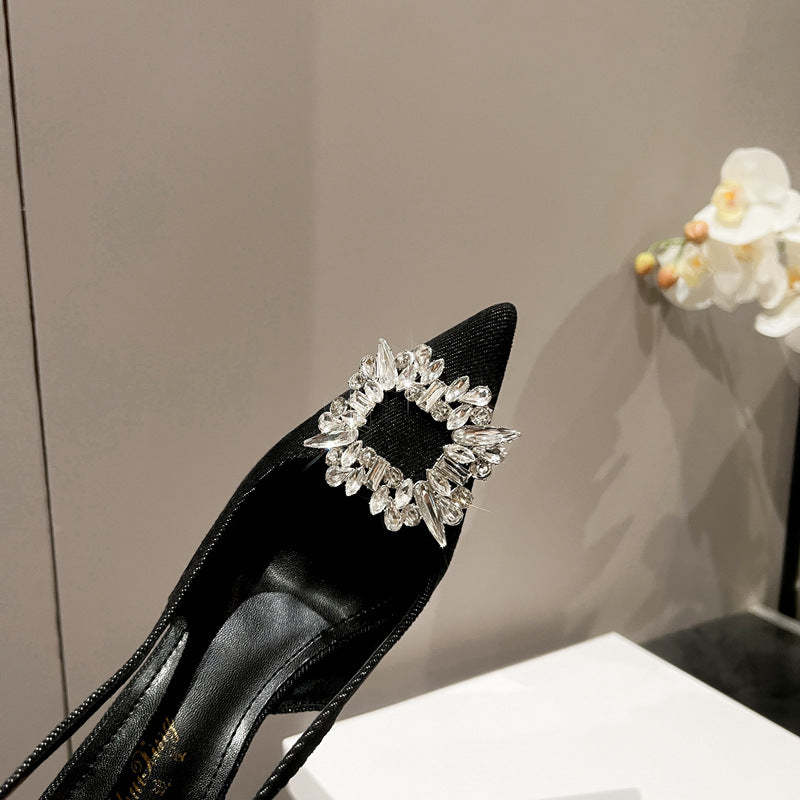 Pointed Toe Slingback Closed Rhinestone Square Buckle Heels