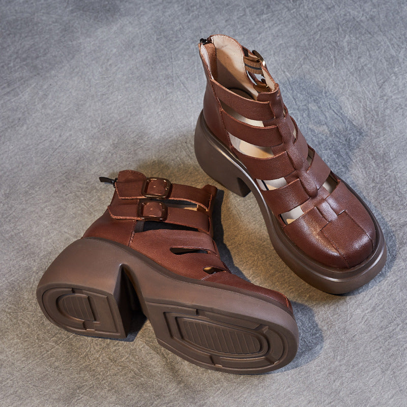 Women's Cowhide Summer Vintage Brogue Roman Subnet Sandals