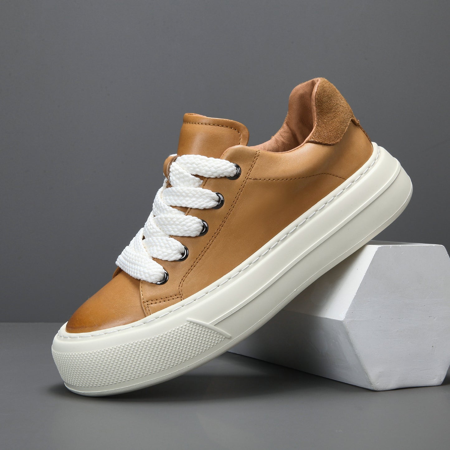 Men's Trendy Platform White Top Layer Cowhide Sneakers