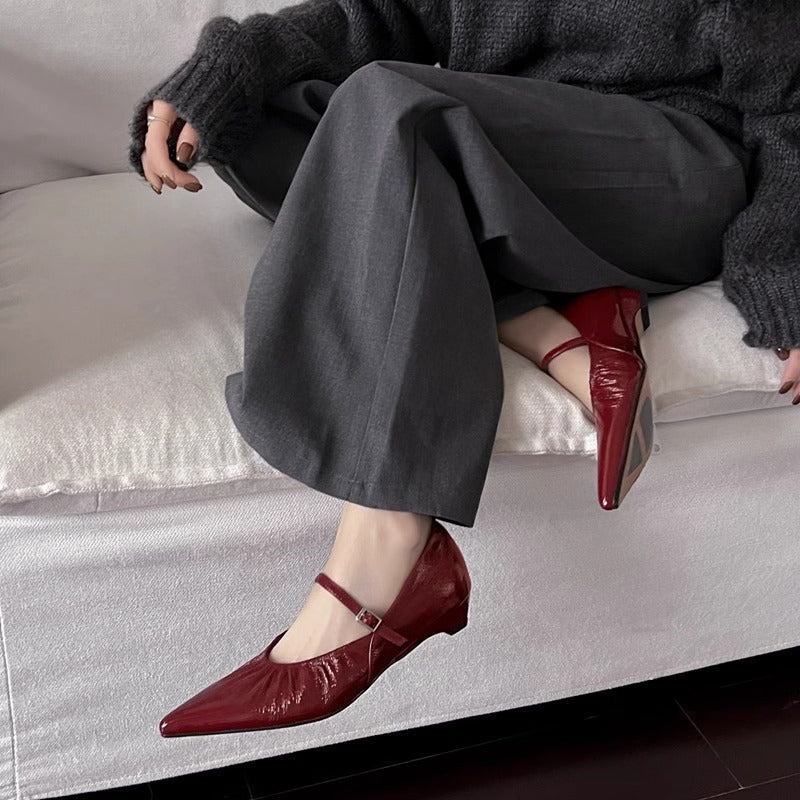 Women's Sheepskin Pointed Toe Mary Jane With Chunky Flat Shallow Women's Fashion Shoes