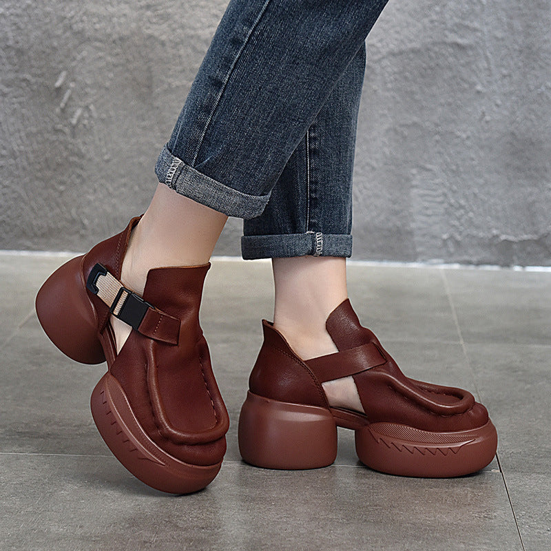 Layer Cowhide Vintage Summer Thick Bottom Waterproof Platform Closed Sandals
