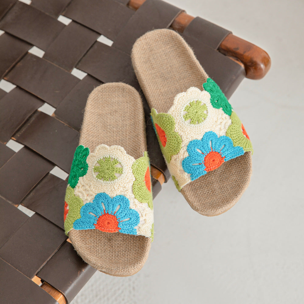Attractive Blue Summer Breathable Linen Embroidery Sandals