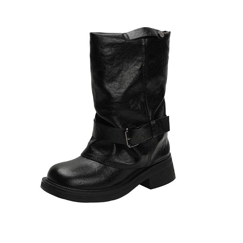 Women's Toe Wide Tube Chunky Middle Retro Belt Boots