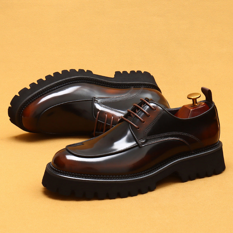 Men's Thick-soled Round Toe Bright Genuine Elevator Men's Business Leather Shoes