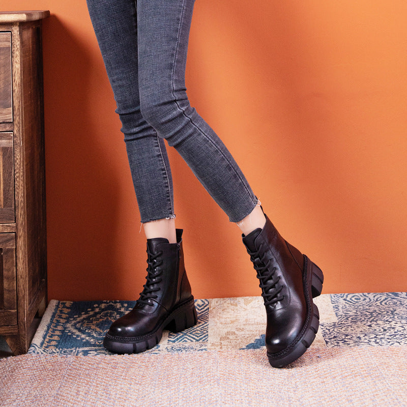 Women's Cowhide Autumn Wedge Short Retro Round Toe Boots