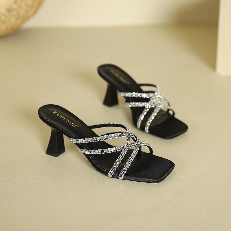 Women's Rhinestone High-heeled Summer Square Toe Wine Cup High Heels