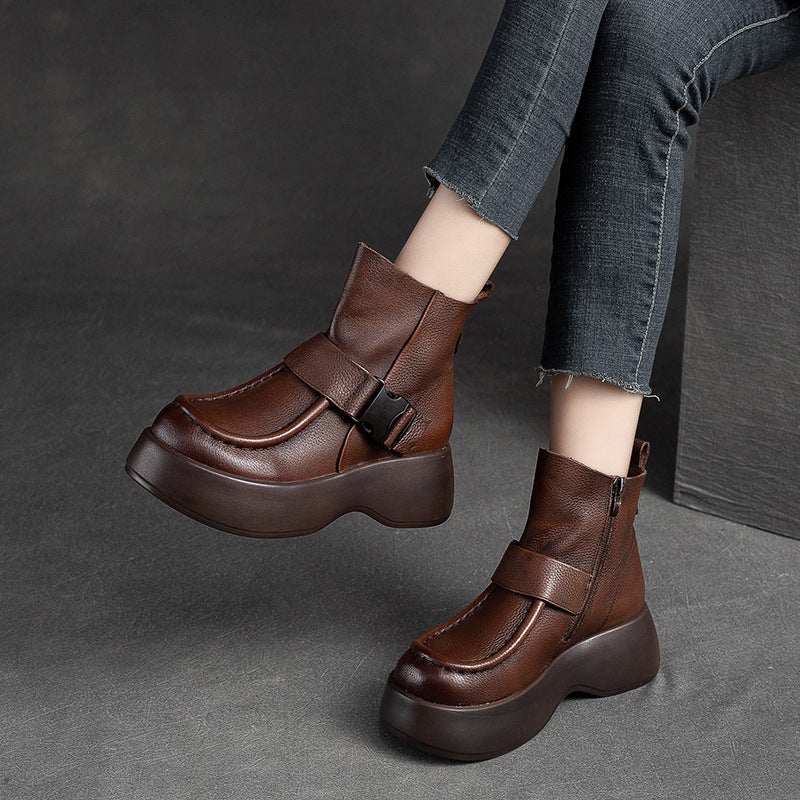 Women's Ankle Thick Bottom Top Layer Cowhide Boots