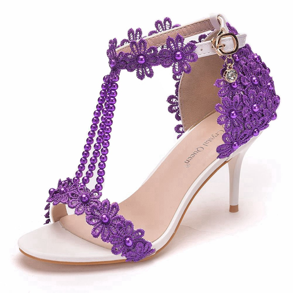 Strap Stiletto Beaded White Lace Flower Heels