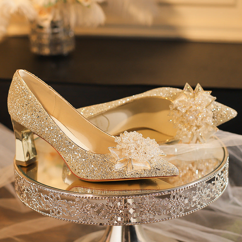 Wedding Shallow Mouth Pointed Toe Crystal Main Dress Women's Fashion Shoes